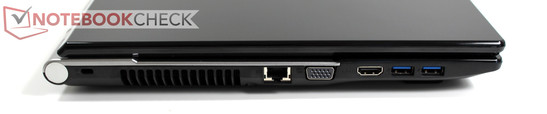 lewy bok: gniazdo blokady Kensingtona, otwory wentylacyjne, LAN, VGA, HDMI, 2 USB 3.0