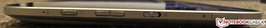 lewy bok: mikrofon, wyłącznik, regulator natężenia dźwięku, przełącznik blokowania orientacji obrazu, gniazdo kart microSD