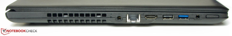 lewy bok: gniazdo zasilania, LAN, HDMI, USB 2.0, USB 3.0, gniazdo audio, przycisk zasilania