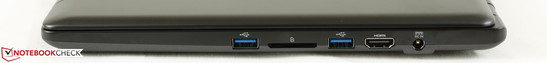 prawy bok: 2 USB 3.0, czytnik kart pamięci, HDMI, gniazdo zasilania