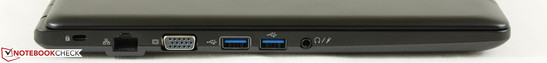 lewy bok: gniazdo blokady Kensington, LAN, VGA, 2 USB 3.0, gniazdo audio
