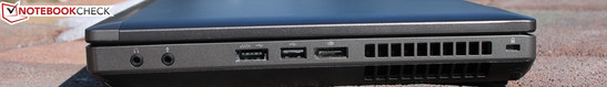 prawy bok: 2 gniazda audio, USB 2.0/eSATA, USB 2.0, DisplayPort, wylot powietrza z układu chłodzenia, gniazdo blokady Kensingtona