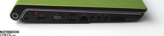 lewy bok: blokada Kensingtona, HDMI, VGA, 2x USB, LAN, gniazda audio, ExpressCard, czytnik kart