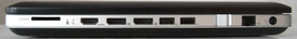 prawy bok: czytnik kart pamięci, HDMI, 2 porty DisplayPort, USB 3.0, USB 2.0, regulator natężenia dźwięku, RJ-45 (LAN), gniazdo zasilania