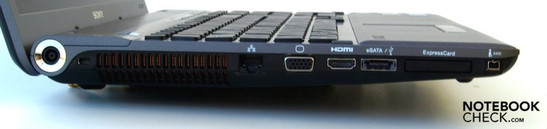 lewy bok: gniazdo zasilania, blokada Kensingtona, LAN, VGA, HDMI, eSATA/USB 2.0, ExpressCard/34, FireWire