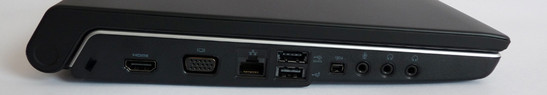 lewy bok: HDMI, VGA, LAN, eSATA/USB, USB, FireWire, gniazda audio