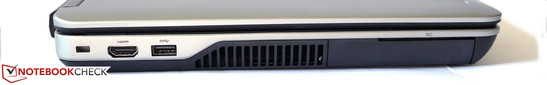 lewy bok: gniazdo blokady Kensingtona, HDMI, USB 3.0, wylot powietrza z układu chłodzenia, czytnik Smart Card