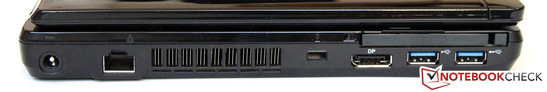 lewy bok: gniazdo zasilania, LAN, wylot powietrza z układu chłodzenia, gniazdo blokady Kensingtona, DisplayPort, 2 USB 3.0