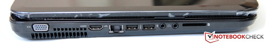 lewy bok: VGA, wylot powietrza z układu chłodzenia, HDMI, LAN, 2 USB 3.0, 2 gniazda audio, czytnik kart pamięci