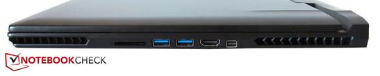 prawy bok: głośnik, czytnik kart pamięci, 2 USB 3.0, HDMI, mini DisplayPort, otwory wentylacyjne