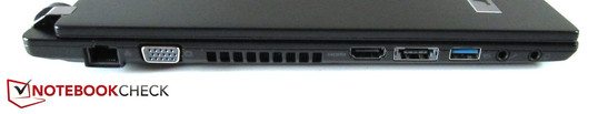 lewy bok: RJ-45 (Gigabit Ethernet), VGA, HDMI, eSATA/USB 2.0 (combo), USB 3.0, 2 gniazda audio