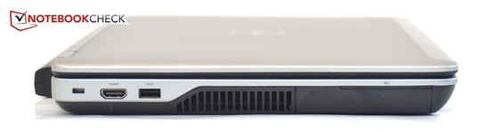 lewy bok: gniazdo blokady Kensingtona, HDMI, USB 3.0, wylot powietrza z układu chłodzenia