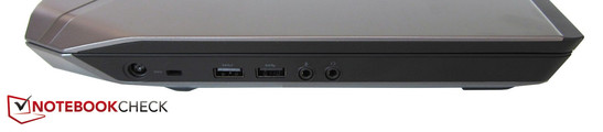 lewy bok: gniazdo zasilania, Noble Lock, 2 USB 3.0, 2 gniazda audio