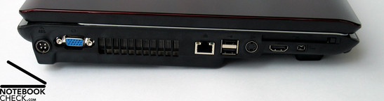 lewy bok: gniazdo zasilania, VGA-Out, szczeliny wentylacyjne, LAN, 2x USB 2.0, S-Video, HDMI, FireWire, ExpressCard