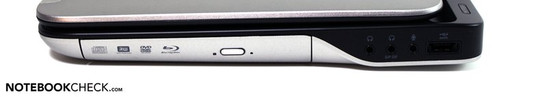 prawy bok: napęd optyczny, 2x wyjście słuchawkowe, wejście mikrofonowe, eSATA/USB