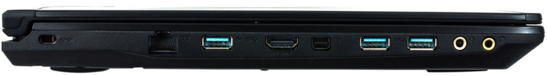lewy bok: gniazdo blokady Kensingtona, LAN, Power USB 3.0, HDMI, mini DisplayPort, 2 USB 3.0, 2 gniazda audio