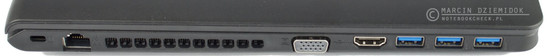lewy bok: zaczep na linkę blokady Kensingtona, RJ-45, wylot powietrza z układu chłodzenia, VGA, HDMI, trzy USB 3.0