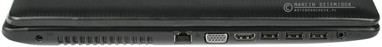 lewy bok: gniazdo zasilania, kratka wylotu układu chłodzenia, RJ-45, VGA, HDMI, dwa USB 3.0, USB 3.0 Charger+, combo jack wyjścia słuchawek/wejścia mikrofonu
