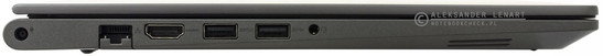 lewy bok: gniazdo zasilania, LAN, HDMI, dwa USB 3.0, gniazdo audio