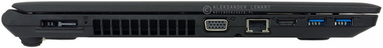 lewy bok: gniazdo zasilania, gniazdo stacji dokowania OneLink, wylot powietrza z układu chłodzenia, VGA, LAN, HDMI, 2 USB 3.0