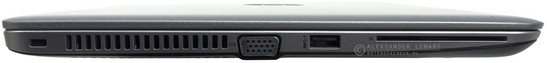 lewy bok: gniazdo blokady Kensingtona, otwory wentylacyjne, VGA, USB 3.0 (ładowanie), czytnik SmartCard