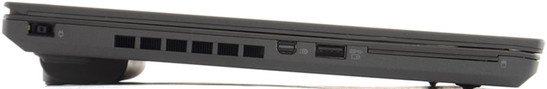 lewy bok: gniazdo zasilania, wylot powietrza z ukłądu chłodzenia, mini DisplayPort, USB 3.0 (z funkcją zasilania), czytnik kart inteligentnych (Smart Card)