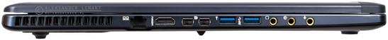 lewy bok: wylot powietrza, LAN, HDMI 1.4, 2 mini DisplayPort 1.2, 2 USB 3.1 (SuperSpeed+), wyjście słuchawkowe/SPDIF (7.1), wejście liniowe, wejście mikrofonowe