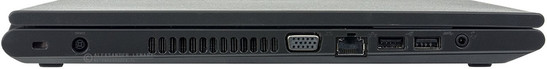 lewy bok: gniazdo blokady Kensingtona, gniazdo zasilania, wylot powietrza z układu chłodzenia, VGA, LAN, USB 2.0, USB 3.0, gniazdo audio