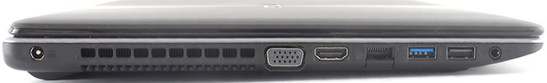 lewy bok: gniazdo zasilania, wylot powietrza z układu chłodzenia, VGA, HDMI, LAN, USB 3.0, USB 2.0, gniazdo audio