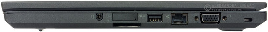 prawy bok: gniazdo audio, zaślepka modemu WWAN, czytnik kart pamięci, USB 3.0, LAN, VGA, gniazdo blokady Kensingtona