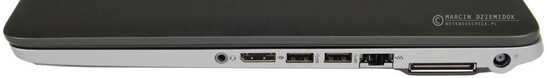 prawy bok: gniazdo audio, DisplayPort, 2 USB 3.0, LAN, złącze replikatora portów, gniazdo zasilania