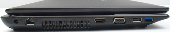 lewy bok: gniazdo zasilania, LAN, szczeliny układu chłodzenia, HDMI, VGA, USB 2.0, USB 3.0