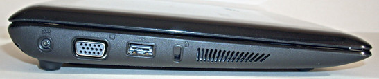 lewy bok: złącze zasilania, VGA, USB, złącze blokady Kensingtona, wylot układu chłodzenia