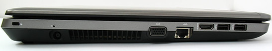 lewy bok: blokada Kensingtona, gniazdo zasilania, VGA, LAN, HDMI, 2x USB 3.0