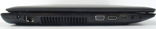 lewy bok: gniazdo zasilania, LAN, szczeliny układu chłodzenia, VGA, HDMI, USB 2.0, dwa gniazda audio