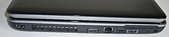 lewy bok: USB, wylot wentylacji, VGA, LAN, HDMI, ExpressCard, eSATA/USB, gniazda audio