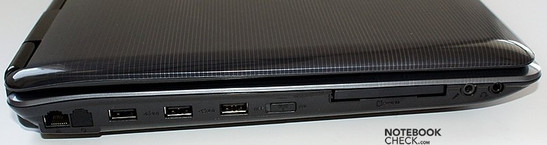 lewy bok: LAN, zaślepka modemu, 3x USB, wyłącznik WiFi, ExpressCard, wejście mikrofonowe, wyjście słuchawkowe