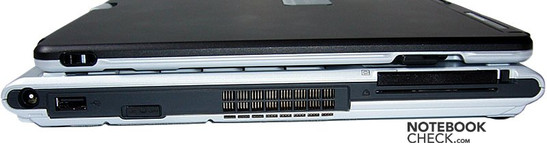 lewy bok: gniazdo zasilania, USB, wyłącznik WLAN/WWAN, wylot wentylatora, PCMCIA, czytnik kart inteligentnych