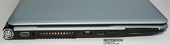 lewy bok: wyłącznik, VGA, blokada Kensingtona, wylot wentylatora, LAN, USB, HDMI, ExpressCard, czytnik kart