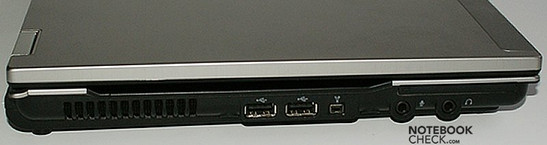 lewy bok: wylot wentylatora, 2x USB, FireWire, ExpressCard, wejście mikrofonowe, wyjście słuchawkowe
