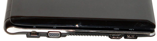 lewy bok: LAN, D-SUB, wylot wentylatora, HDMI, 1x power USB