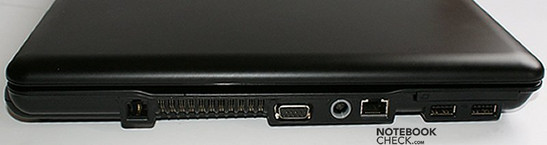 lewy bok: modem, wylot wentylatora, VGA, gniazdo zasilania, LAN, ExpressCard, 2x USB