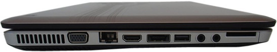 lewy bok: czytnik kart, 2x audio, USB, eSATA/USB, HDMI, LAN, VGA/D-Sub, szczeliny układu chłodzenia