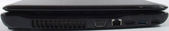 lewy bok: USB 2.0, USB 3.0, HDMI, LAN, VGA, szczeliny układu chłodzenia