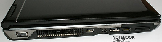 lewy bok: VGA, wylot wentylatora, USB, FireWire, eSATA, HDMI, Express Card, czytnik kart