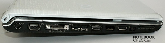 lewy bok: S-Video, VGA, gniazdo stacji dokującej, LAN, modem, HDMI, 2x USB, FireWire, czytnik kart