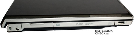 lewy bok: blokada Kensingtona, gniazdo zasilania, za klapką (LAN, modem, S-Video, gniazdo TV/antenowe), napęd optyczny, USB
