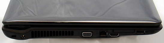 lewy bok: przełącznik WiFi, USB, ExpressCard/34, HDMI, LAN, D-Sub/VGA, gniazdo zasilania, blokada Kensingtona