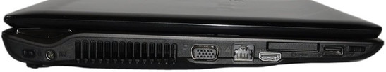 lewy bok: blokada Kensingtona, gniazdo zasilania, wylot wentylacji, VGA, LAN, HDMI, ExpressCard/34, USB, przełącznik WiFi/Bluetooth