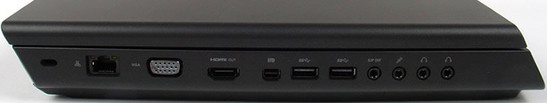 prawy bok: blokada Kensingtona, LAN, VGA, HDMI, mini DisplayPort, 2x USB, 4x audio